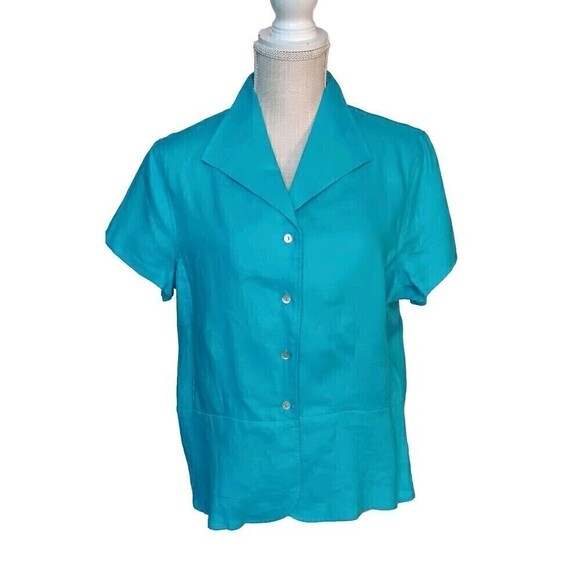 Vintage David N Size L 100% Hanky Linen Short Sleeve Turquoise Button-Up Blouse - Picture 1 of 8